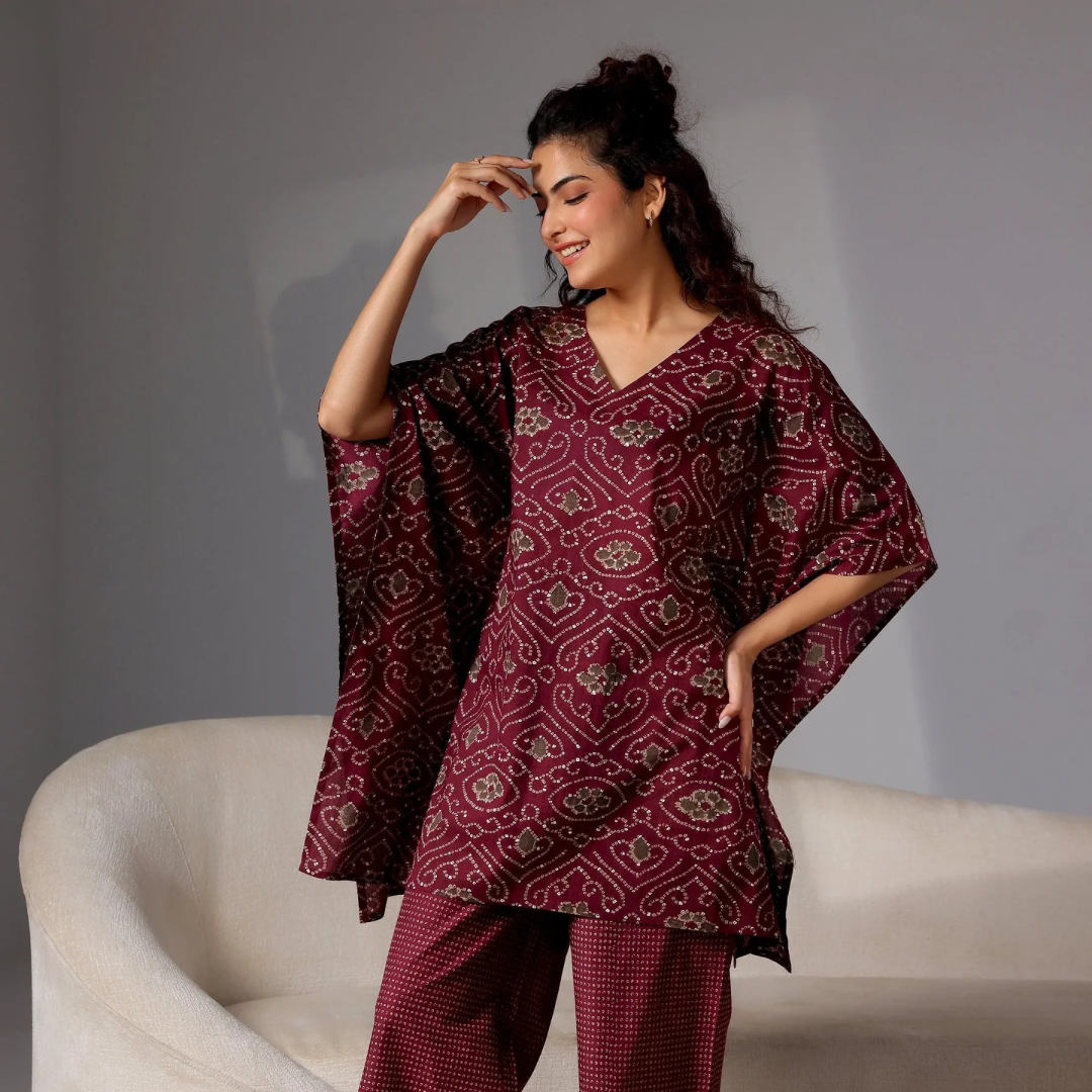Wine Printed Cotton Night Suits
